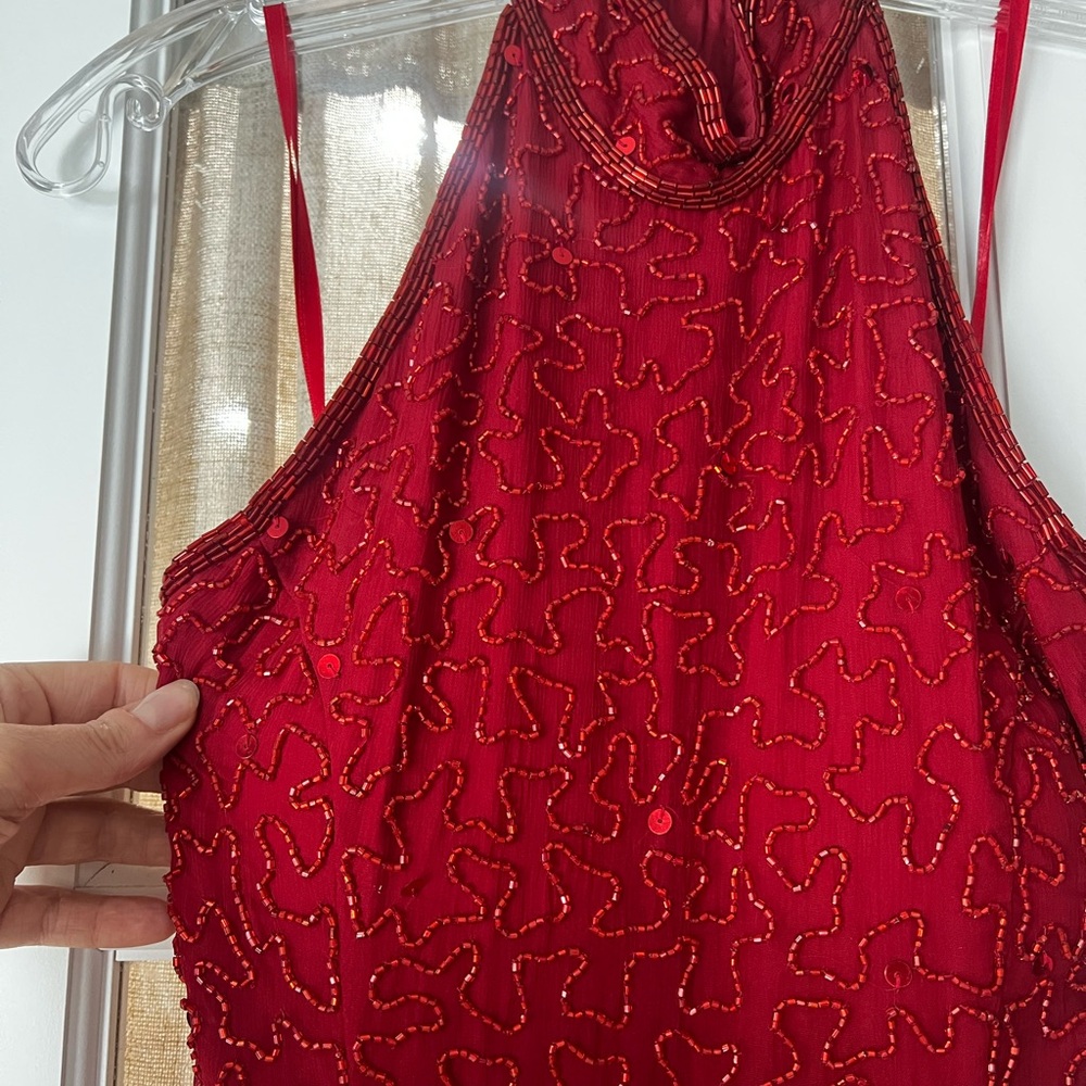 Vintage 100% Silk Red Beaded Halter Dress